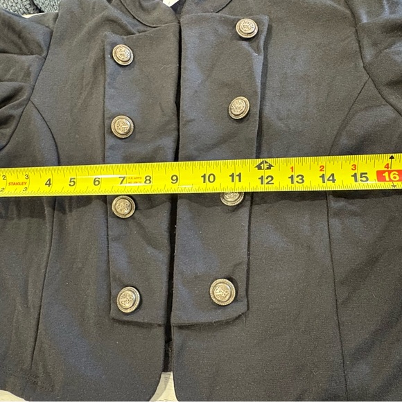 Love J Black Military Anchor Brass Tone Buttons Crop Blazer with Puff Sleeves - Picture 10 of 11